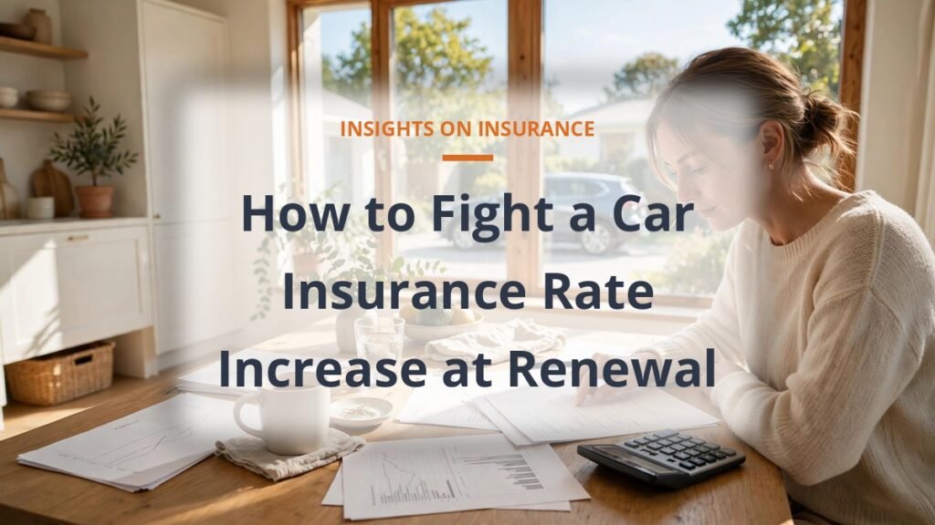 Person reviewing insurance paperwork at a sunny kitchen table, fighting a car insurance rate increase