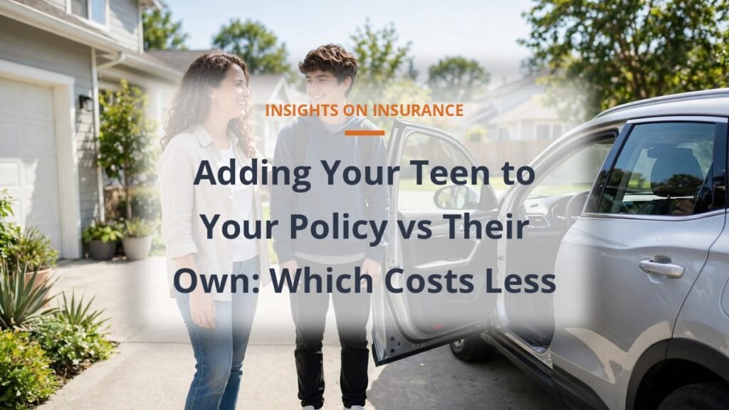 Parent and teen driver with a car in a sunny driveway, comparing teen car insurance costs