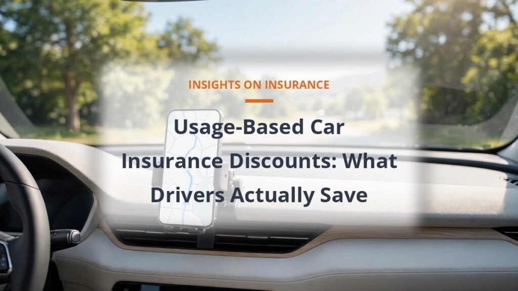Smartphone mounted on a car dashboard on a sunny road, usage-based car insurance discount programs