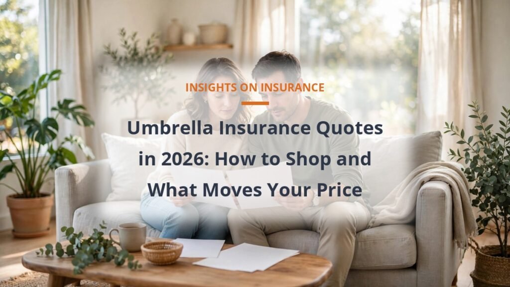 Couple reviewing umbrella insurance quotes on a couch in a sunny living room