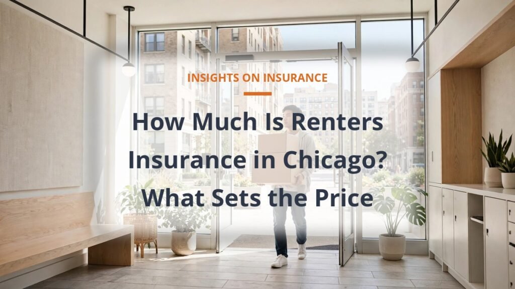 Renters insurance cost in Chicago guide with a bright apartment building and a tenant moving in