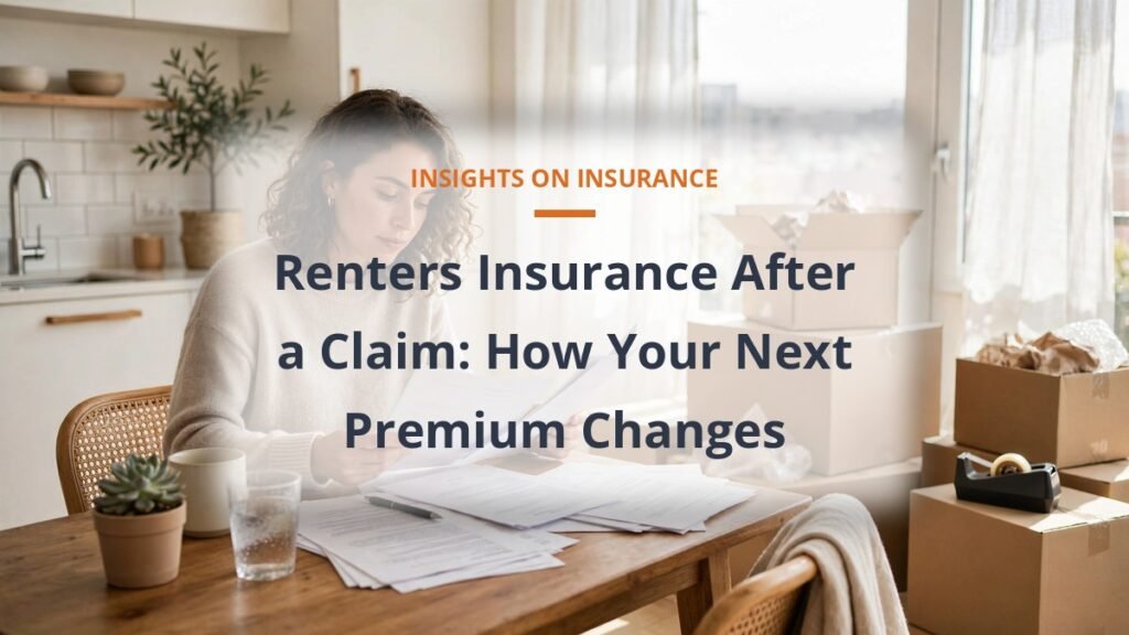 Renters insurance after a claim guide with a tenant reviewing paperwork in a bright apartment