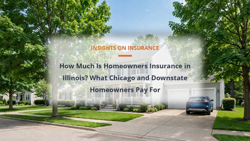 Homeowners insurance cost in Illinois guide with a suburban family home and tree lined street