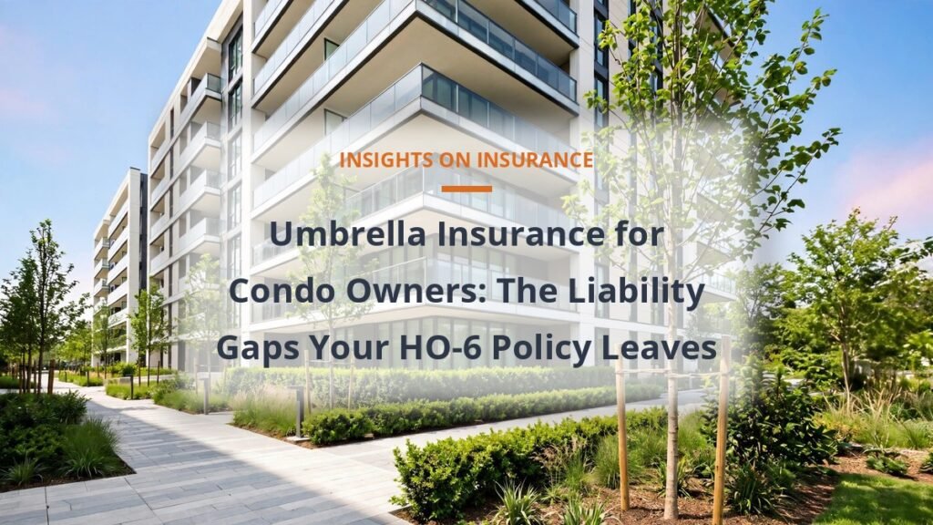 Modern condominium building exterior with balconies, umbrella insurance for condo owners