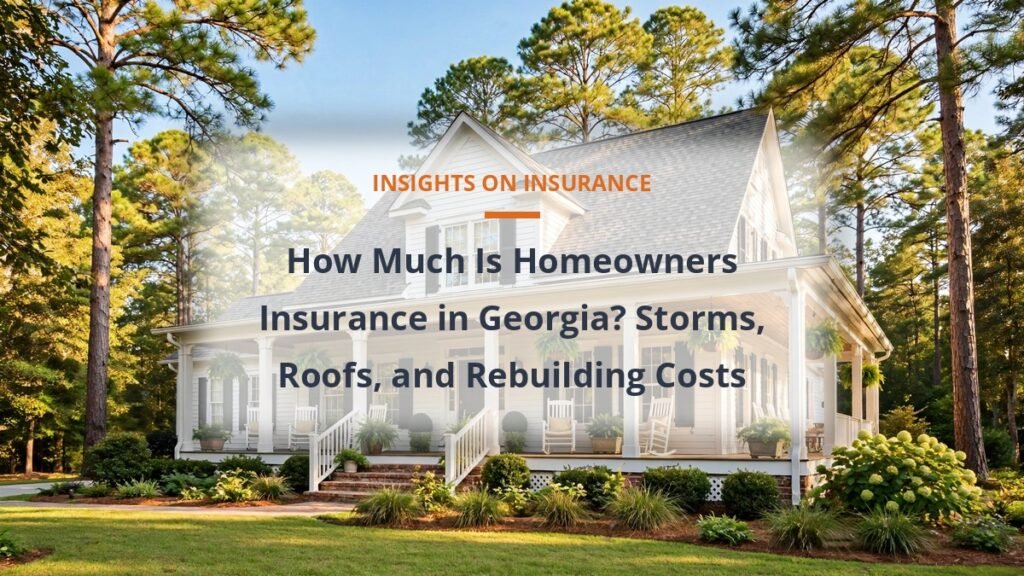 Homeowners insurance cost in Georgia guide with a family home and tall pine trees