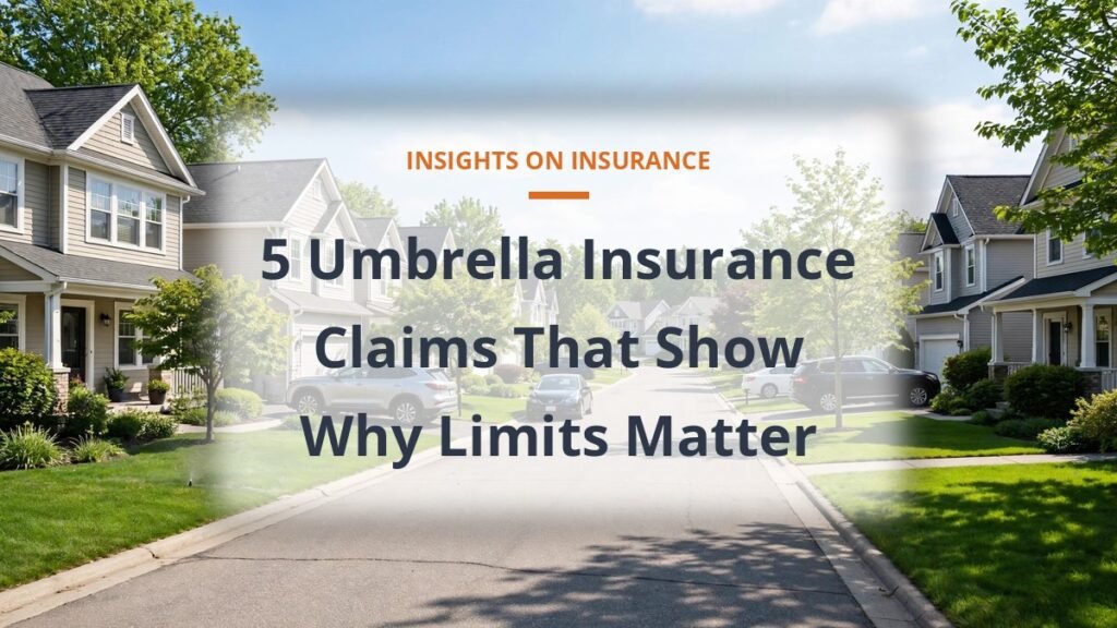 Quiet suburban street with houses and cars, umbrella insurance claim scenarios