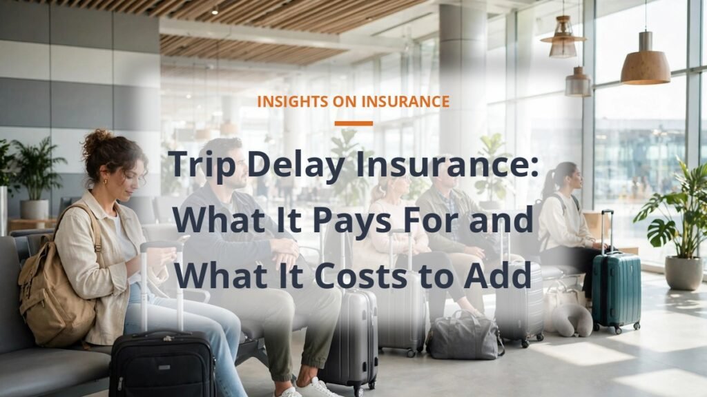 Trip delay travel insurance guide with travelers waiting in a bright airport terminal