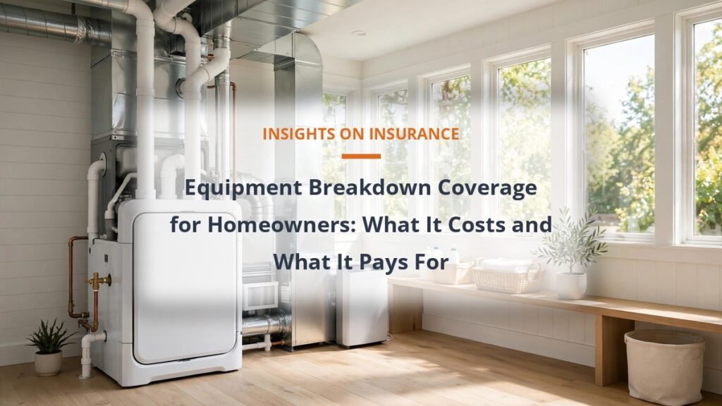 Equipment breakdown coverage guide with a modern furnace and home systems in a bright utility space