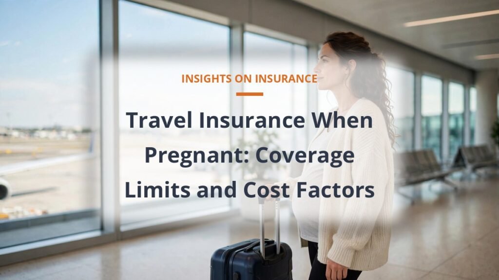 Travel insurance during pregnancy guide with a pregnant traveler at a bright airport window
