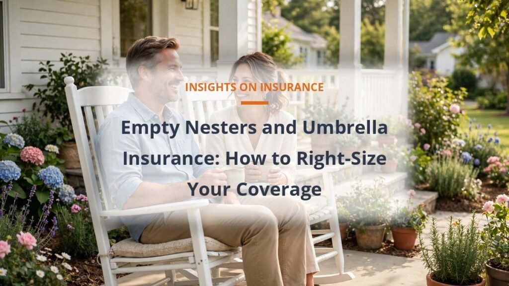 Middle-aged couple relaxing on a suburban home porch, empty nester umbrella insurance