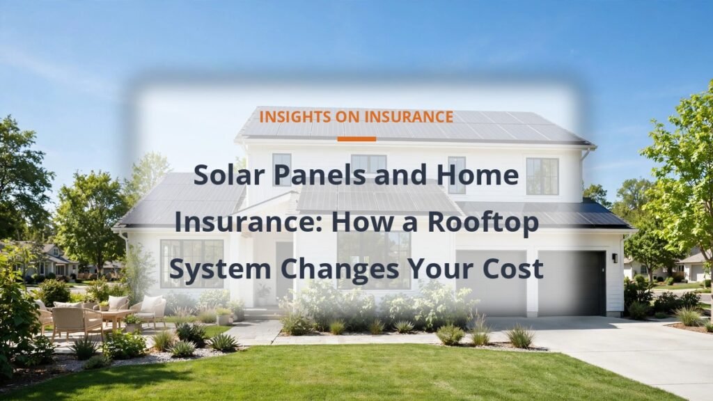 Solar panels and home insurance cost guide with rooftop panels under a blue sky