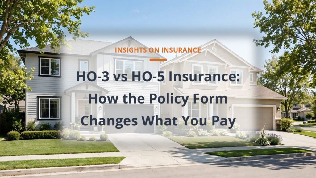 HO-3 vs HO-5 insurance cost guide with two suburban homes side by side