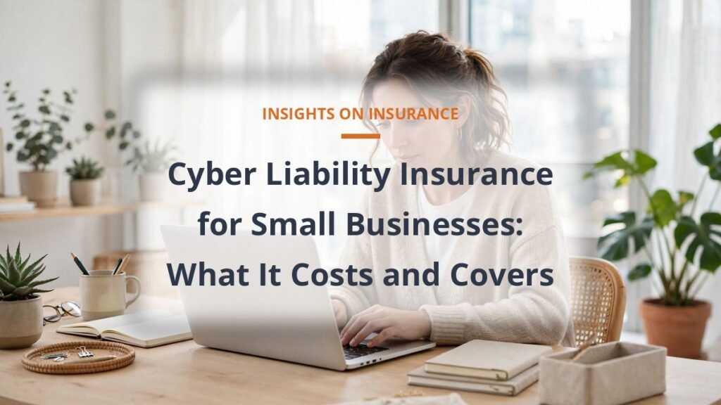 Cyber liability insurance for a small business guide with an owner working on a laptop in a bright office