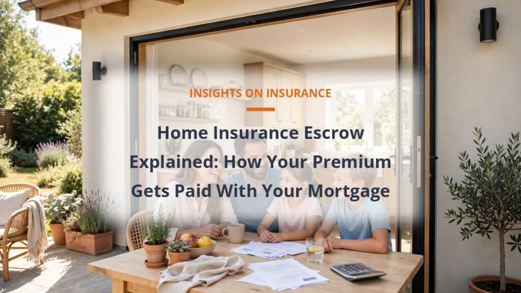 Home insurance escrow guide with a family home and paperwork on a kitchen table in bright light