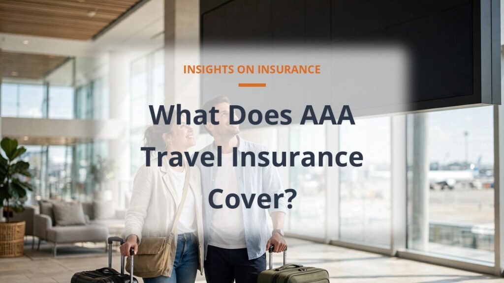 what does AAA travel insurance cover, couple with luggage in a bright airport terminal