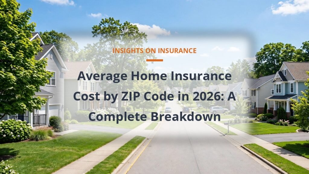average home insurance cost by ZIP code, sunny suburban street of American homes