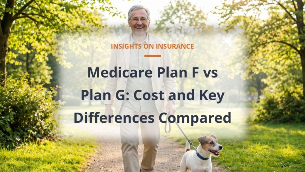 Medicare Plan F vs Plan G comparison, healthy senior walking in a sunny park