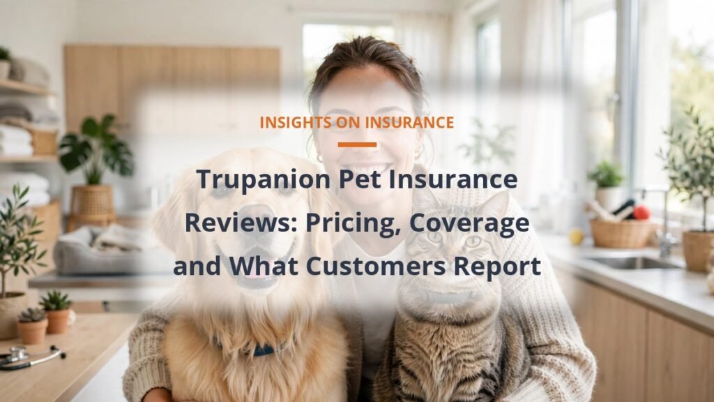 Trupanion pet insurance reviews, dog and cat with owner at a bright veterinary clinic