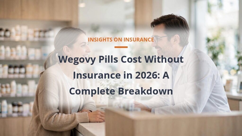 Wegovy pills cost without insurance, woman talking with a pharmacist in a bright pharmacy
