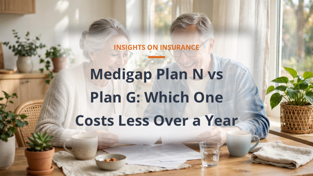 Senior couple comparing Medigap Plan N and Plan G documents at a bright dining table