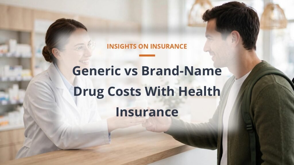 Pharmacist handing medicine to a customer at a bright pharmacy counter, generic vs brand name drug costs with health insurance