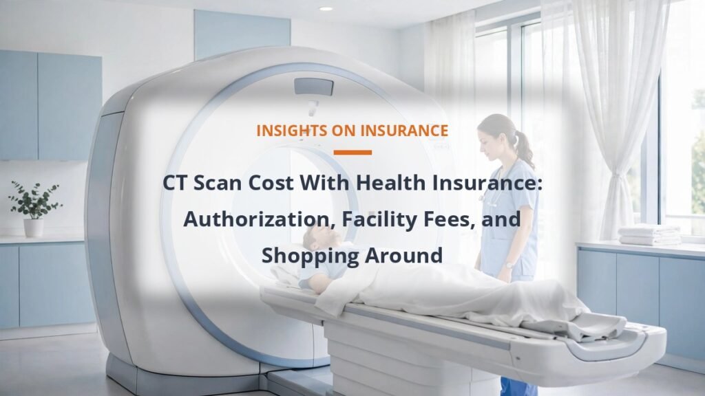 Patient on a CT scanner table in a bright imaging suite, CT scan cost with health insurance