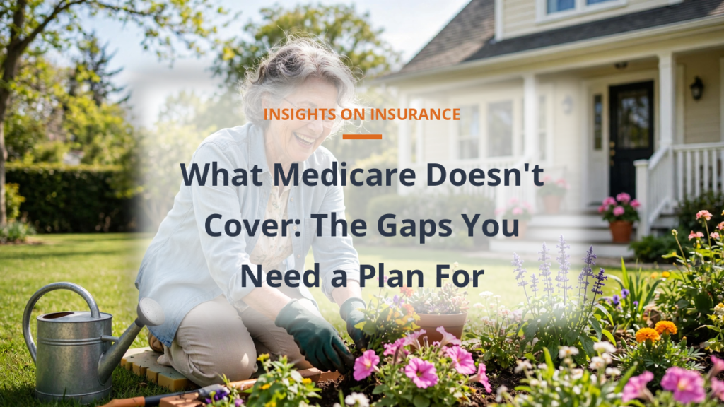 Happy senior woman gardening outside a bright suburban home enjoying retirement beyond Medicare coverage