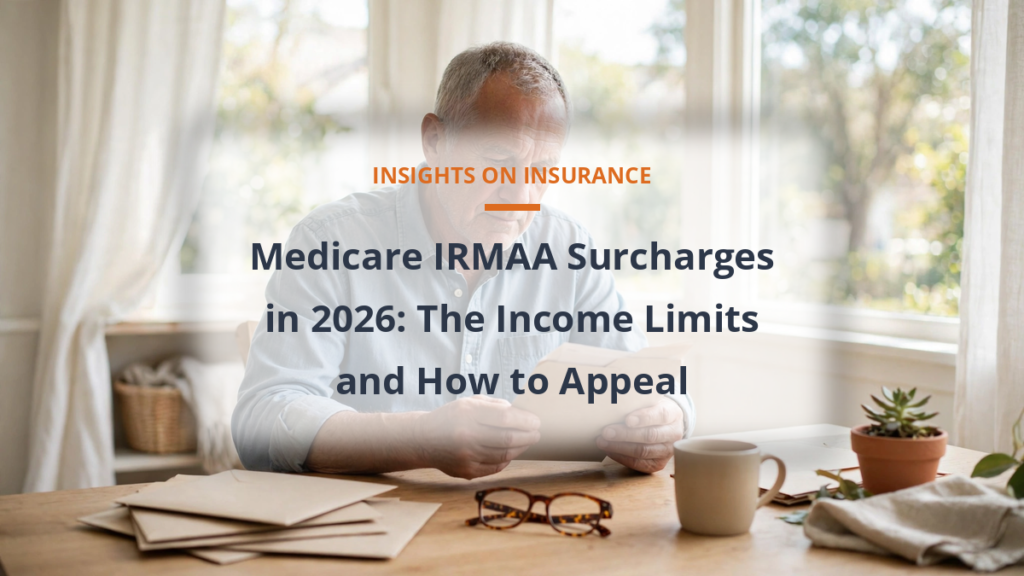 Senior man reading a Medicare IRMAA surcharge notice at a bright home desk
