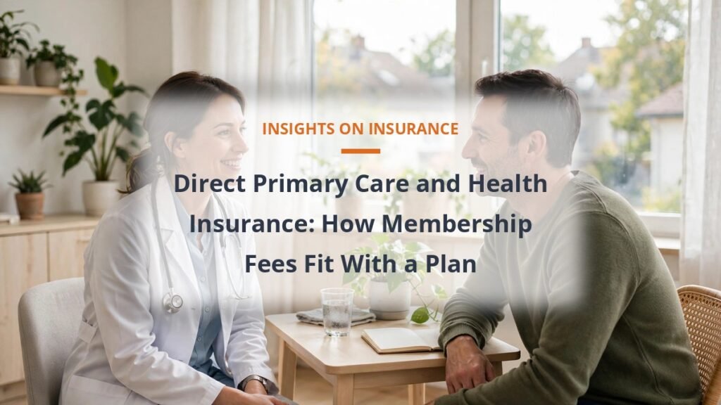 Primary care doctor talking with a patient in a bright clinic office, direct primary care and health insurance costs