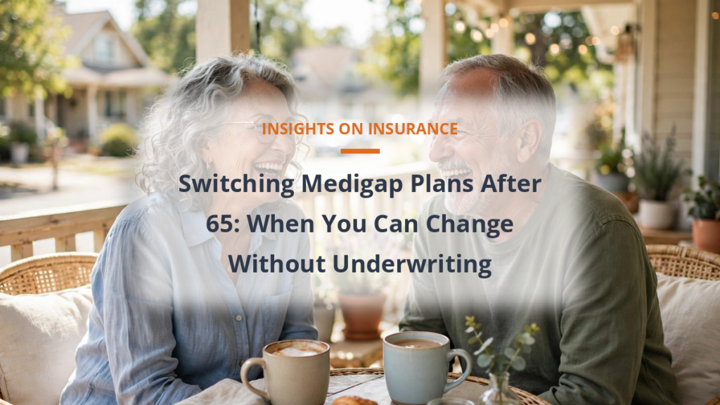 Two senior friends having coffee on a sunny porch discussing switching Medigap plans