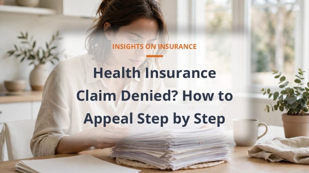 Person reviewing denied insurance claim paperwork at a bright kitchen table