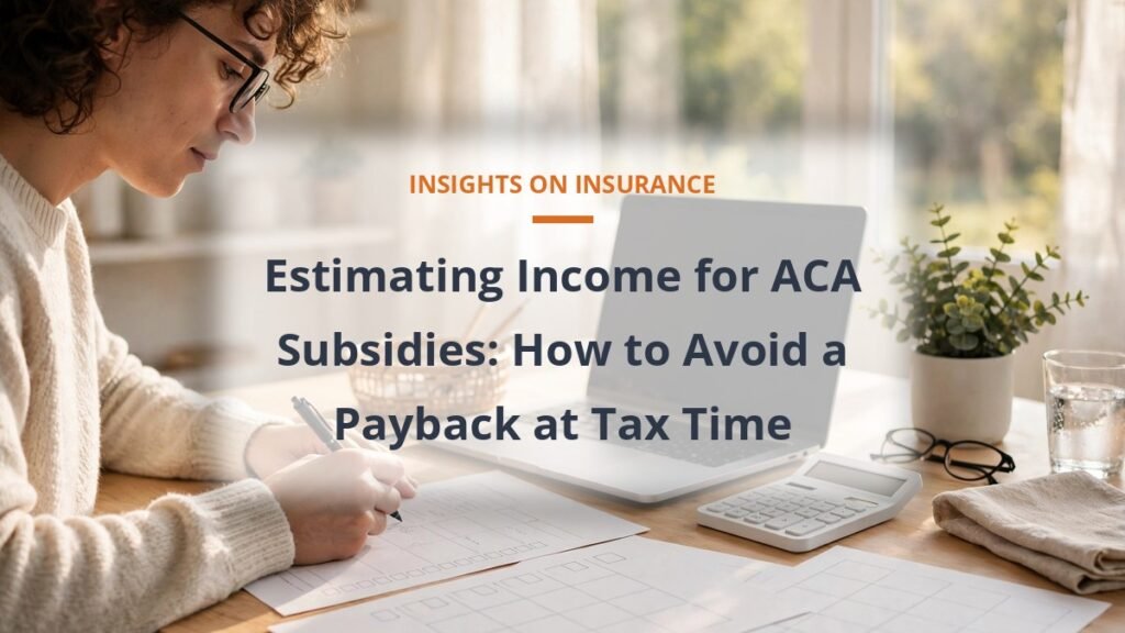 Person working on tax forms and subsidy estimates at a bright home desk