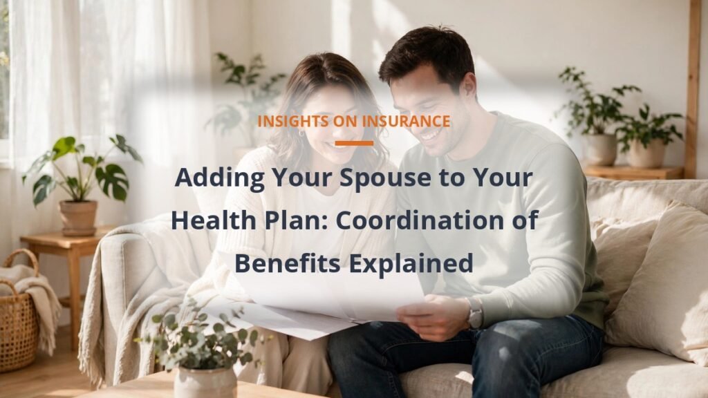 Happy couple reviewing health plan paperwork together in a bright living room