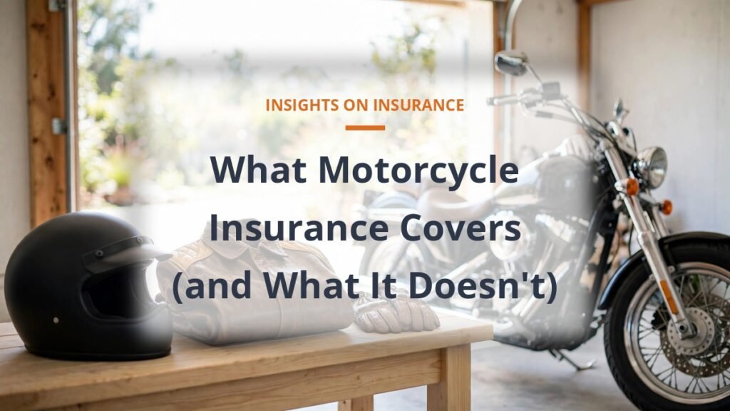 Motorcycle riding gear beside a cruiser, showing what motorcycle insurance covers