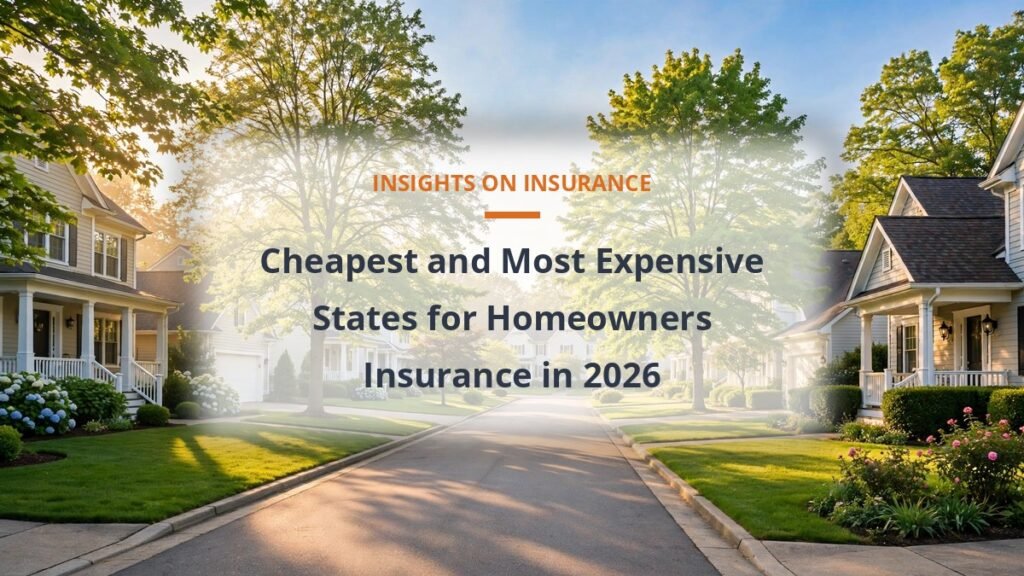 Cheapest and most expensive states for homeowners insurance in 2026, neighborhood street at sunrise