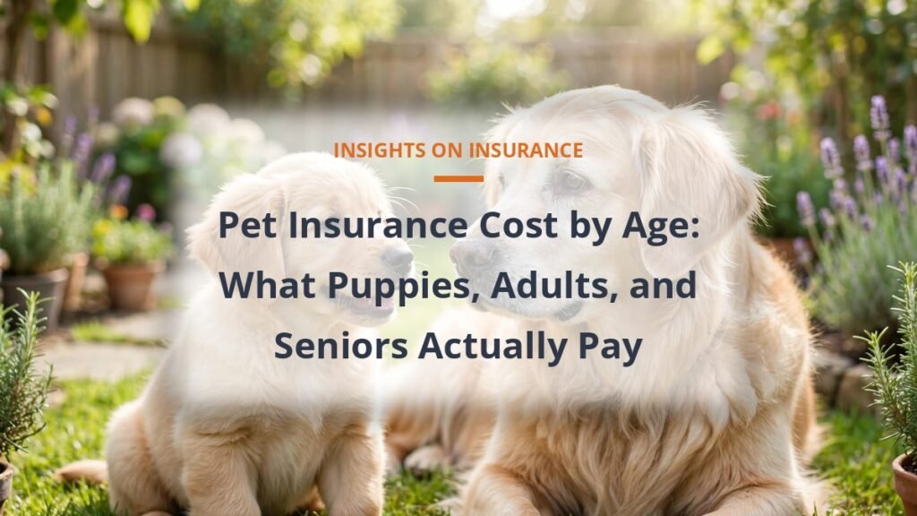 Golden retriever puppy next to senior dog in a garden, pet insurance cost by age comparison