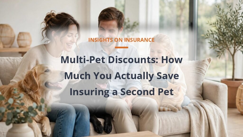 Family with two dogs and a cat on a couch, multi-pet insurance discount savings