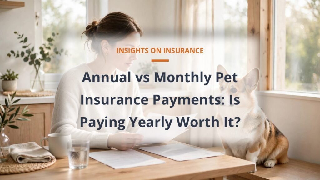 Person reviewing paperwork with a corgi at a kitchen table, annual vs monthly pet insurance payment comparison