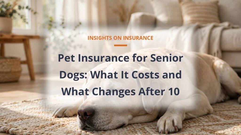 Senior Labrador resting in a sunlit living room, pet insurance cost for senior dogs