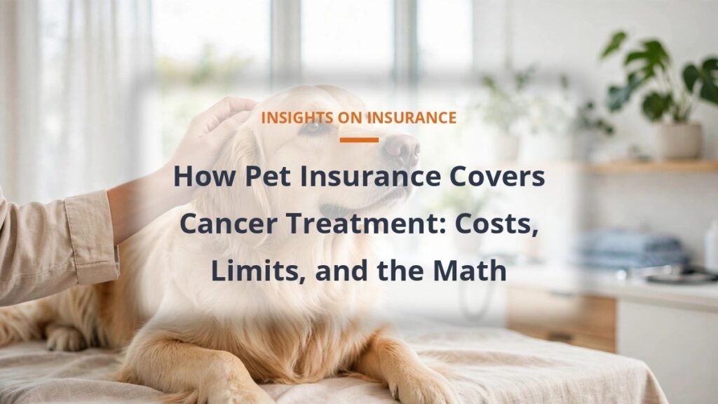 Golden retriever comforted at a vet clinic, how pet insurance covers cancer treatment cost