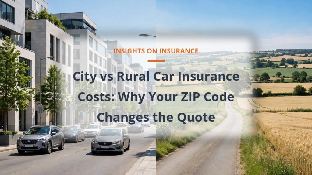 Busy city street and quiet rural road in daylight, city vs rural car insurance cost comparison