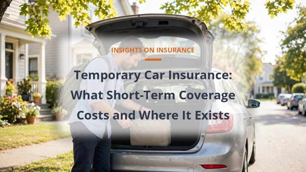 Traveler loading a suitcase into a borrowed car, temporary short-term car insurance cost options