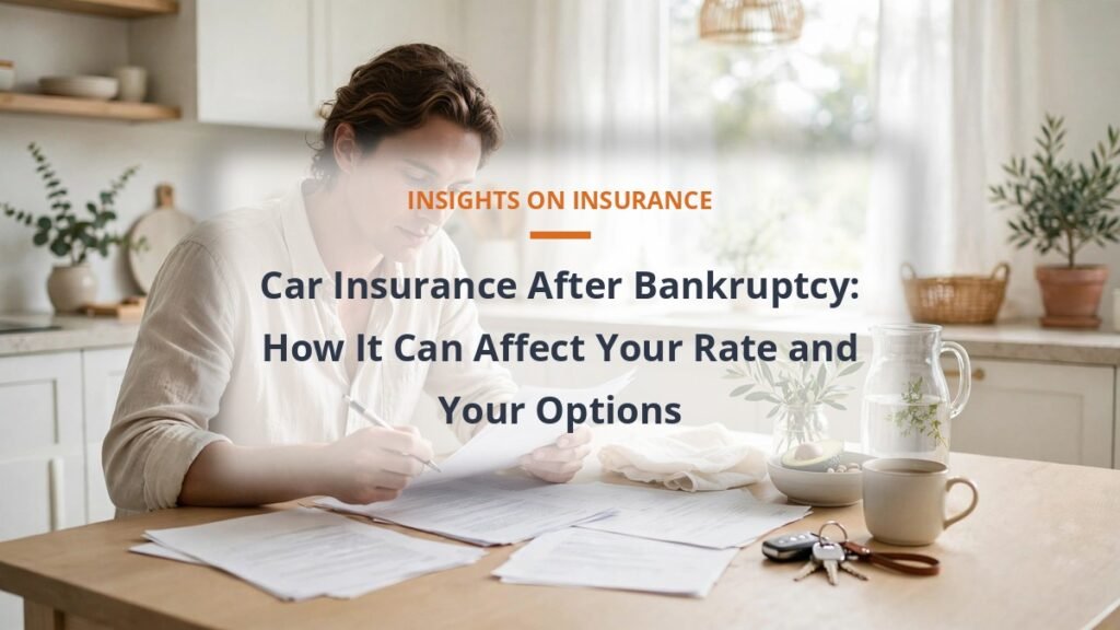 Person reviewing paperwork at a bright kitchen table, car insurance rates after bankruptcy