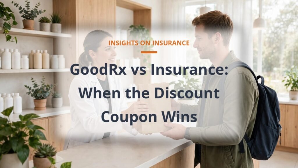 Pharmacist handing prescription to customer - GoodRx vs insurance copay comparison