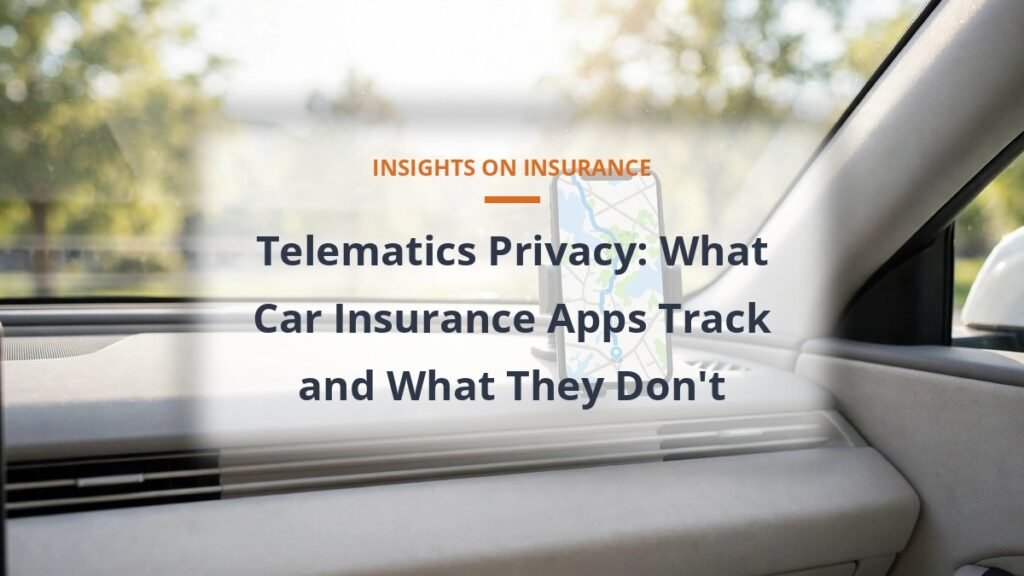Car dashboard with smartphone showing a driving route map for telematics insurance