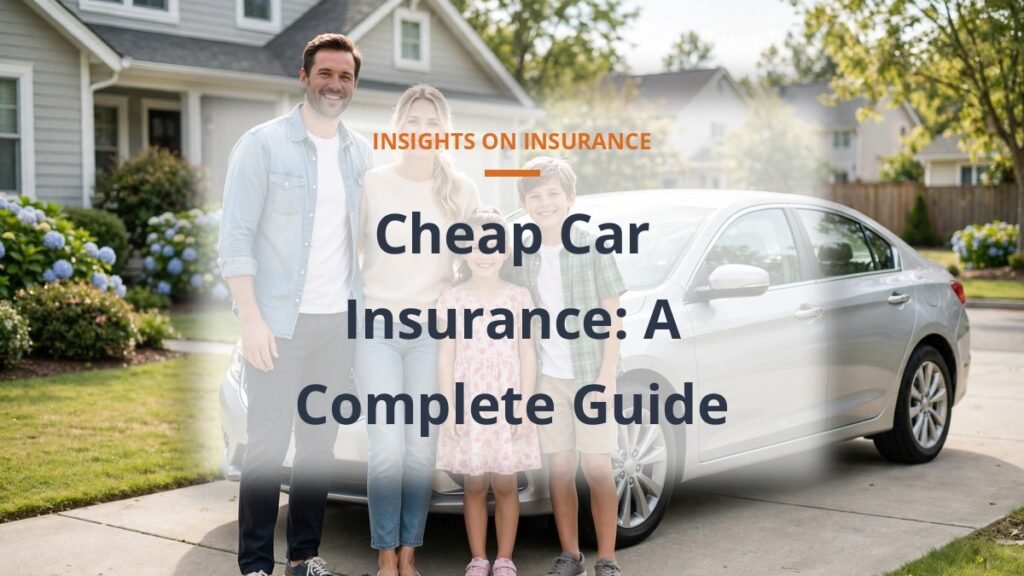 Family standing next to their silver sedan in a sunny driveway, cheap car insurance guide