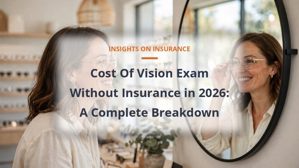 Woman trying on eyeglasses at an optical shop, cost of vision exam without insurance