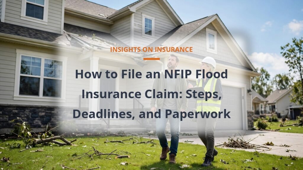 How to file an NFIP flood insurance claim - homeowner and inspector examining a house after a storm