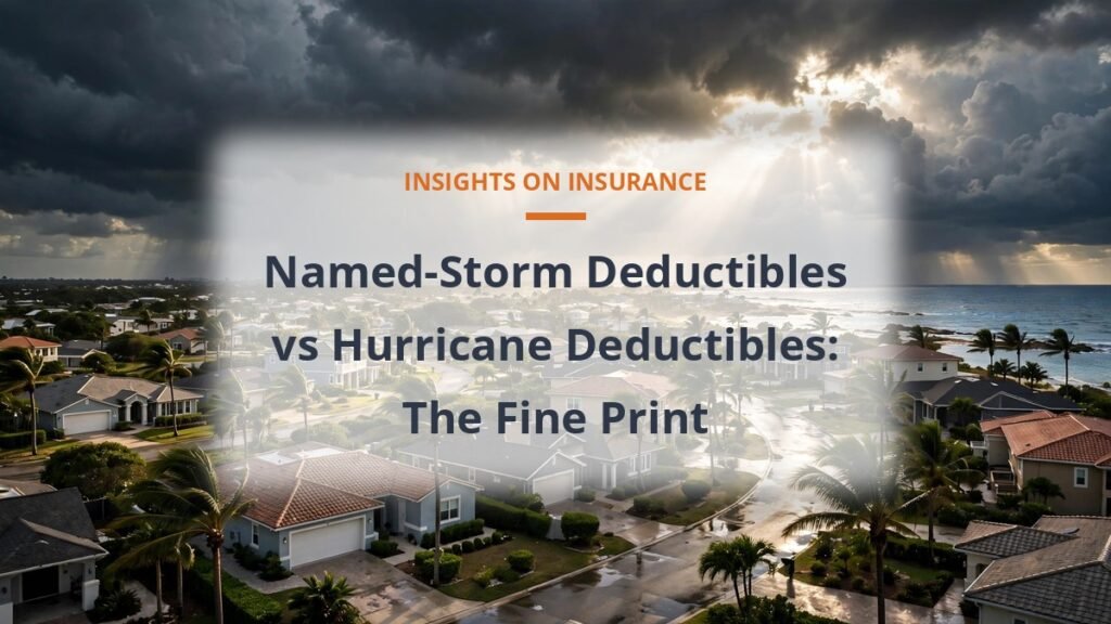 Named-storm vs hurricane deductible - storm clouds over a coastal neighborhood