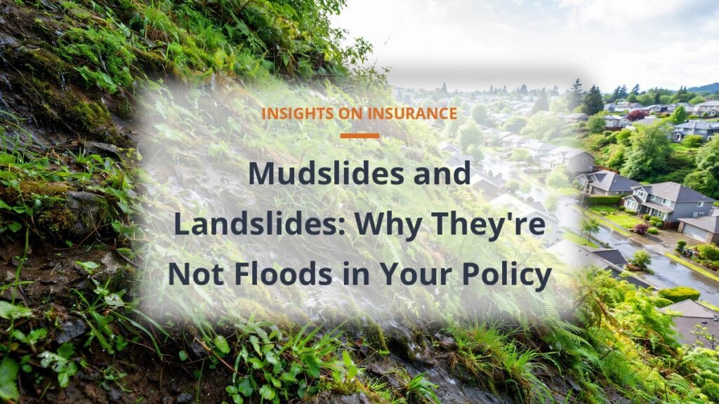 Mudslide landslide insurance exclusions - hillside above suburban homes after rain